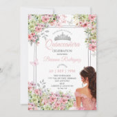 Blush Pink and Green Floral Butterfly Quinceañera 招待状 (正面)