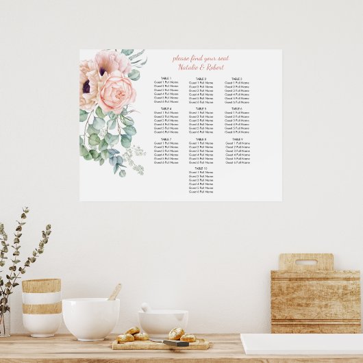 Blush Pink and Ivory Poppies Peonies Seating Chart ポスター (キッチン)