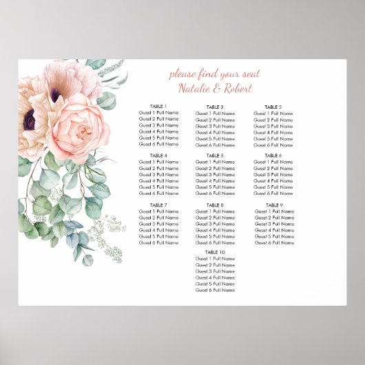 Blush Pink and Ivory Poppies Peonies Seating Chart ポスター (正面)
