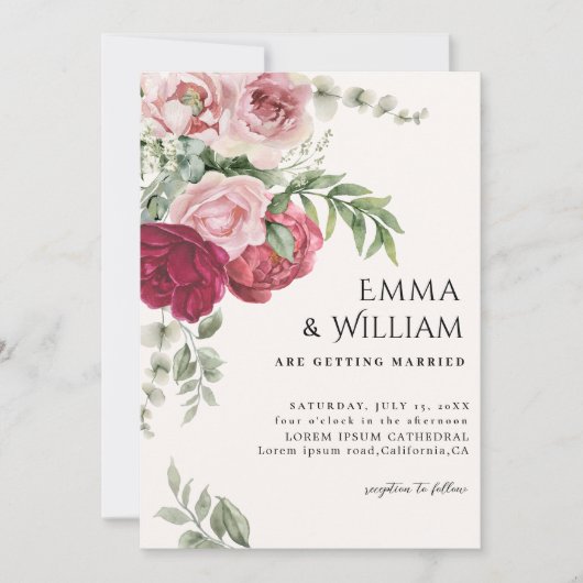 Blush pink and Marsala Rose peony floral Wedding 招待状 (正面)