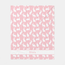 Blush Pink And White Bunny Pattern With Name フリースブランケット