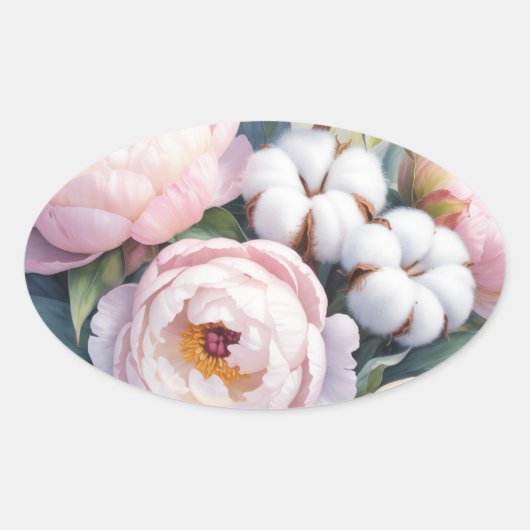 Blush Pink and White Cotton Wedding 楕円形シール (正面)