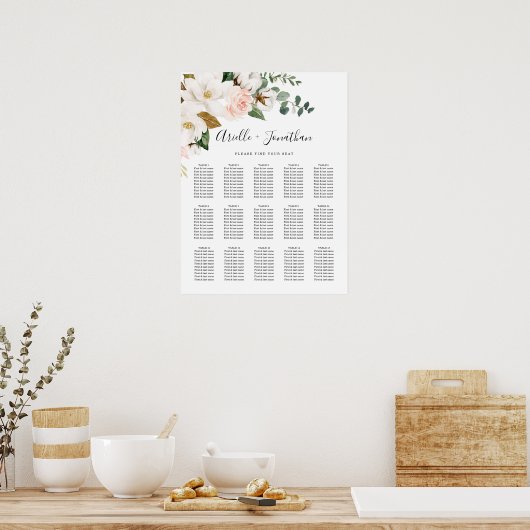 Blush Pink and White Floral Wedding Seating Chart ポスター (キッチン)