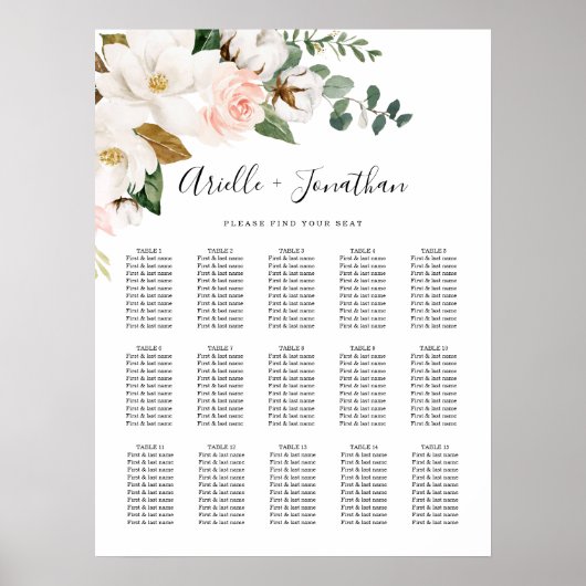 Blush Pink and White Floral Wedding Seating Chart ポスター (正面)