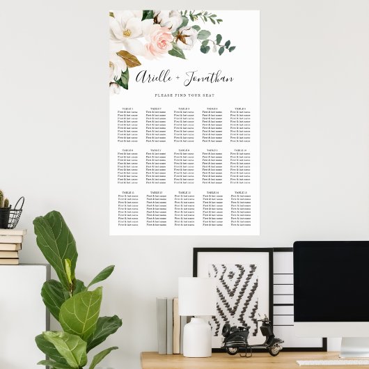 Blush Pink and White Floral Wedding Seating Chart ポスター (ホームオフィス)