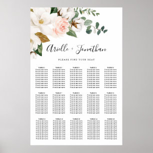 Blush Pink and White Floral Wedding Seating Chart ポスター