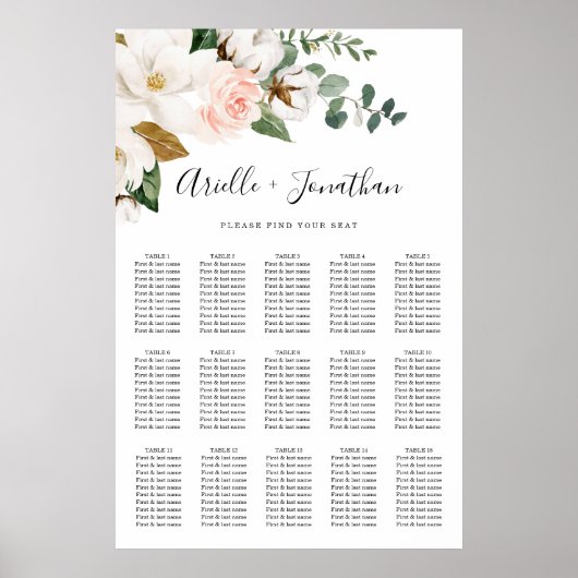 Blush Pink and White Floral Wedding Seating Chart ポスター (正面)