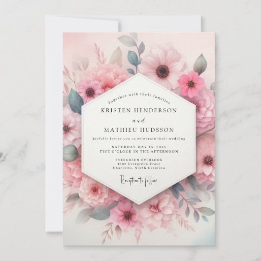 Blush Pink Aquarelle Bloom Wedding 招待状 (正面)