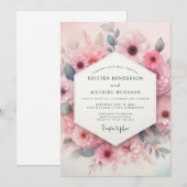 Blush Pink Aquarelle Bloom Wedding 招待状 (正面/裏面)