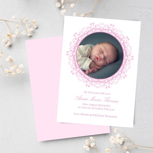 Blush Pink Baby Birth Announcement Photo Card