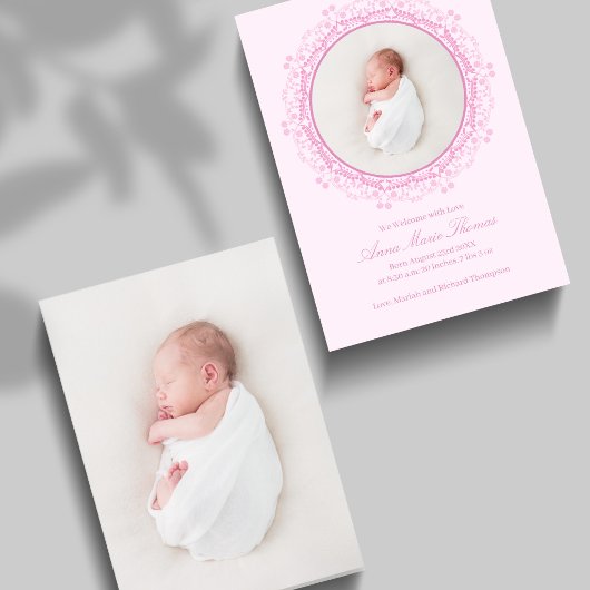 Blush Pink Baby Photo Floral Birth Announcement