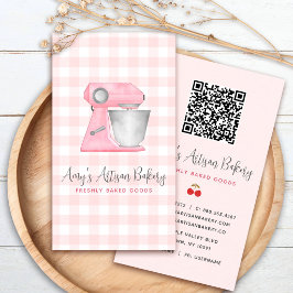 Blush Pink Bakery Mixer ギンガム柄QRコード 名刺