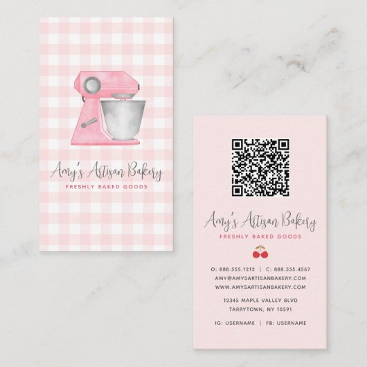 Blush Pink Bakery Mixer Gingham Pattern QR Code 名刺 (正面/裏面)