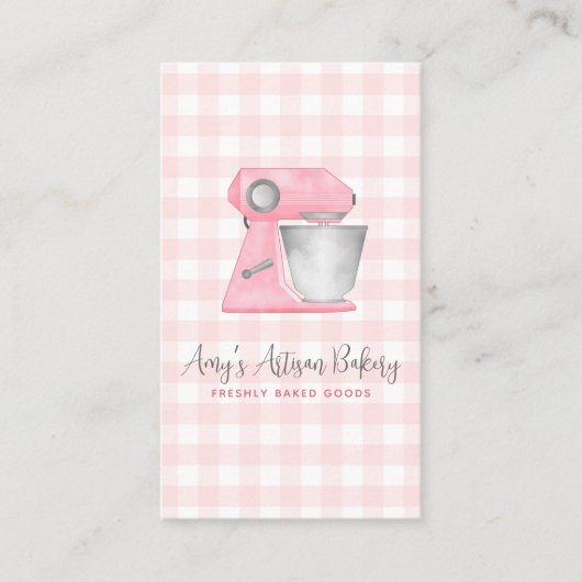 Blush Pink Bakery Mixer Gingham Pattern QR Code 名刺 (正面)