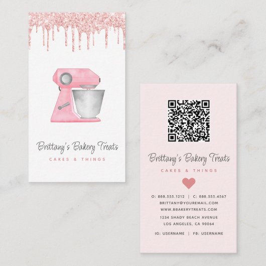 Blush Pink Bakery Mixer Glitter Drips QRコード 名刺 (正面/裏面)