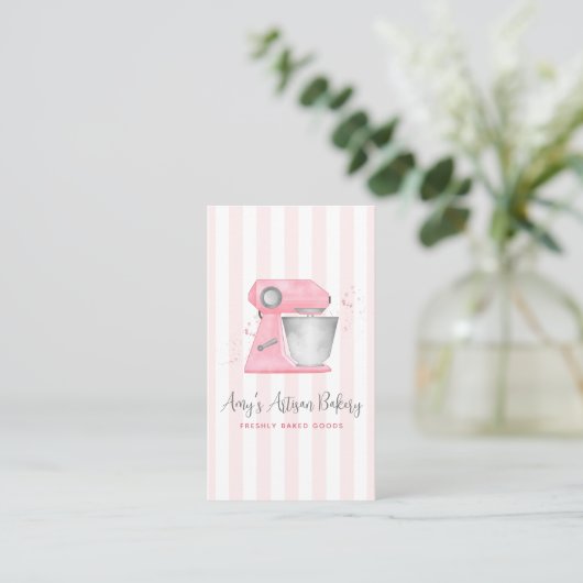Blush Pink Bakery Mixer Stripes Pattern QRコード 名刺 (スタンド正面)