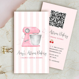 Blush Pink Bakery Mixer Stripes Pattern QRコード 名刺