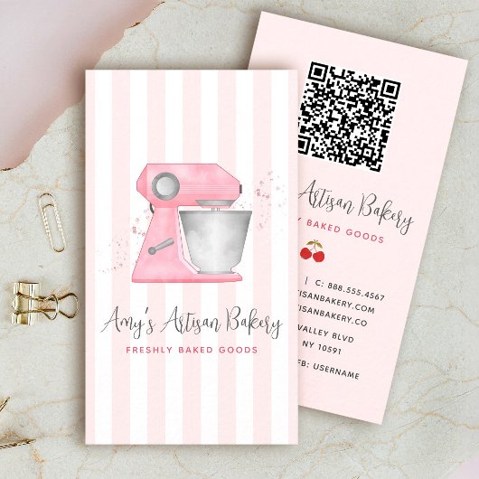 Blush Pink Bakery Mixer Stripes Pattern QRコード 名刺