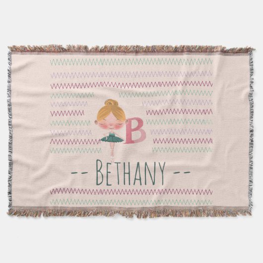 Blush Pink Ballerina Monogram B – Personalized Art スローブランケット (正面)