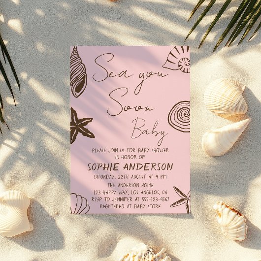 Blush Pink Beach Sea You Soon Baby Shower  招待状