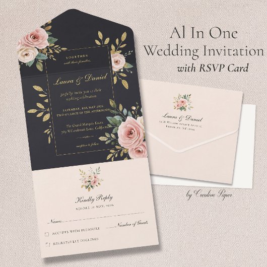 Blush Pink & Black All-In-One Wedding Invitation オールインワン招待状