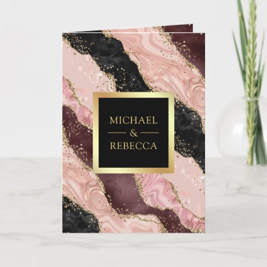 Blush Pink Black Gold Agate Marble QR Code Wedding 招待状 (正面)