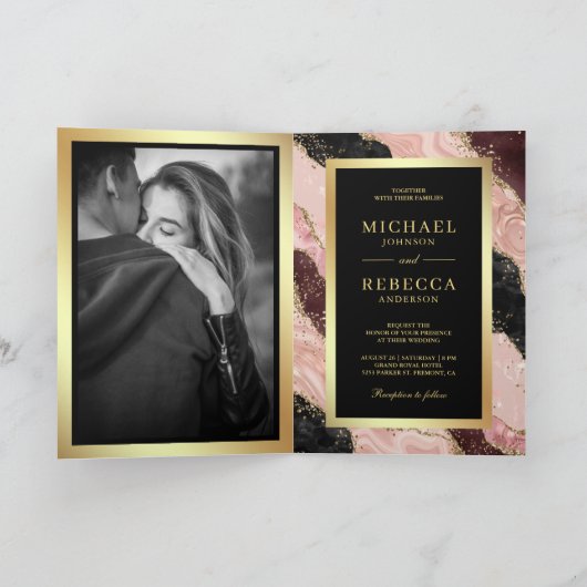 Blush Pink Black Gold Agate Marble QR Code Wedding 招待状 (内部)