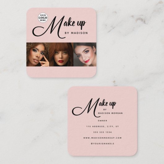 Blush Pink Black Script 3 Photo Makeup スクエア名刺 (正面/裏面)