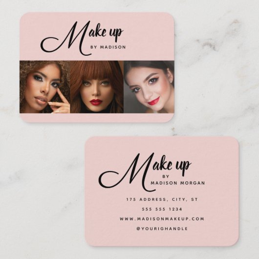 Blush Pink Black Script 3 Photo Makeup 名刺 (正面/裏面)