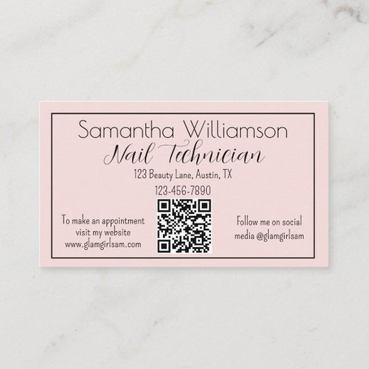 Blush Pink Black Script 3 Photo QR Code Nail Tech 名刺 (裏面)