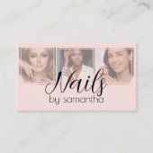 Blush Pink Black Script 3 Photo QR Code Nail Tech 名刺 (正面)