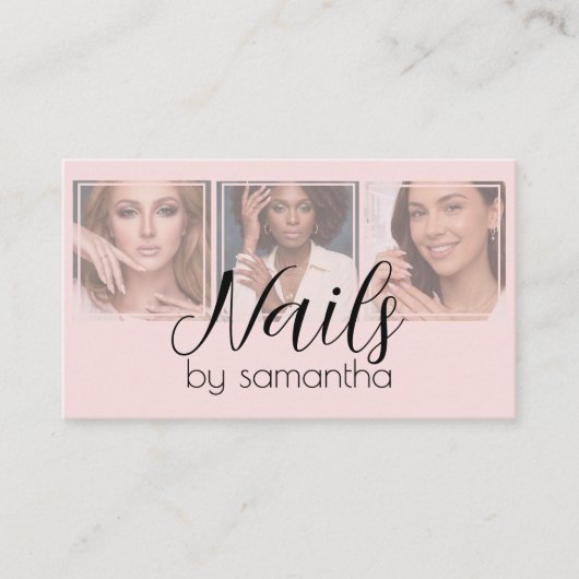 Blush Pink Black Script 3 Photo QR Code Nail Tech 名刺 (正面)