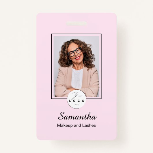 Blush Pink Black Script Logo Photo Makeup バッジ (正面)