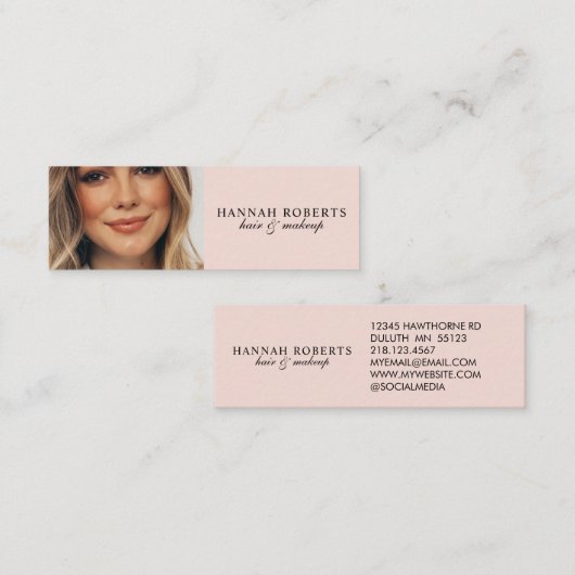 Blush Pink Black Script Photo Hair Makeup スキニー名刺 (正面/裏面)