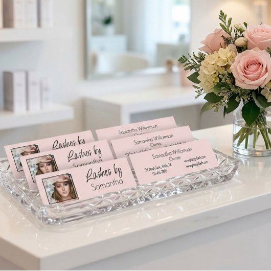 Blush Pink Black Script Photo Lashes スキニー名刺