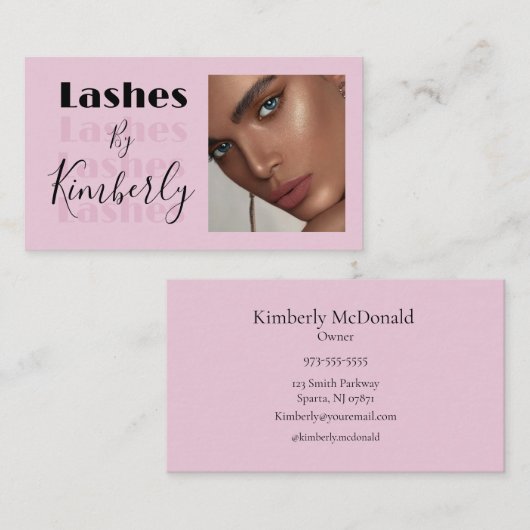 Blush Pink Black Script Photo Lashes Business Card 名刺 (正面/裏面)