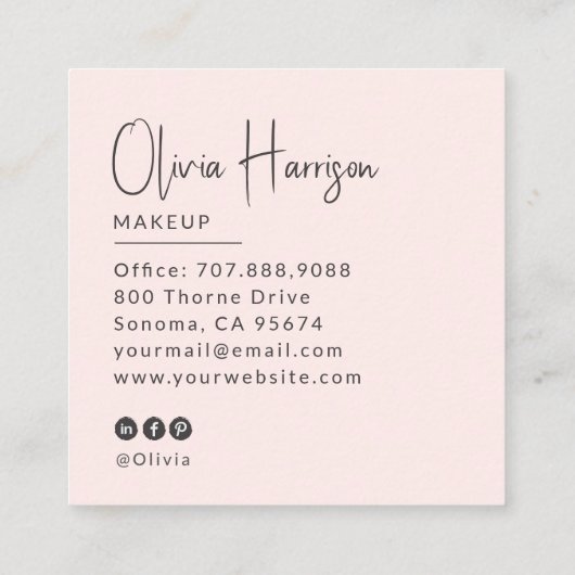 Blush Pink Black Script Photo Makeup スクエア名刺 (裏面)