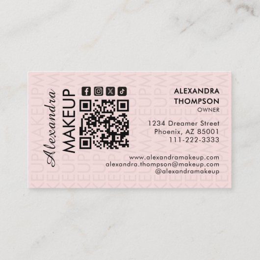 Blush Pink Black Script Photo Makeup  Business 名刺 (裏面)