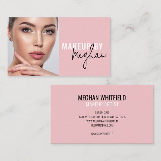 Blush Pink Black Script Photo Makeup Business Card 名刺 (正面/裏面)