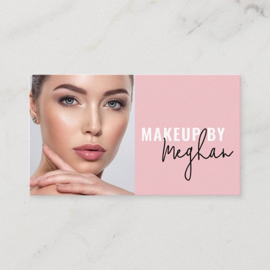Blush Pink Black Script Photo Makeup Business Card 名刺 (正面)
