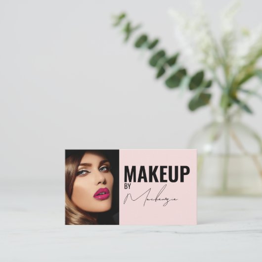 Blush Pink Black Script Photo Makeup Business Card 名刺 (スタンド正面)