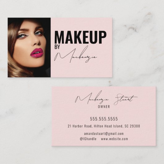 Blush Pink Black Script Photo Makeup Business Card 名刺 (正面/裏面)