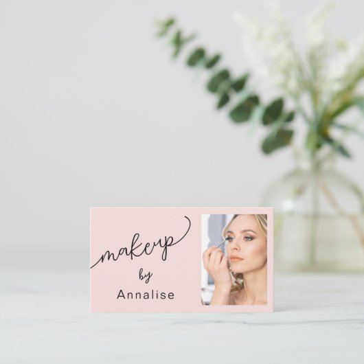 Blush Pink Black Script Photo Makeup Business Card 名刺 (スタンド正面)