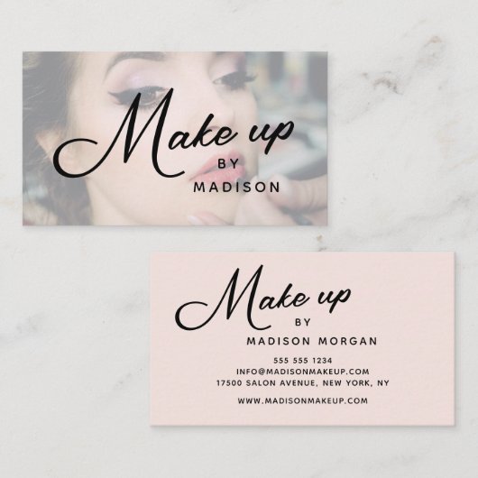 Blush Pink Black Script Photo Makeup Business Card 名刺 (正面/裏面)