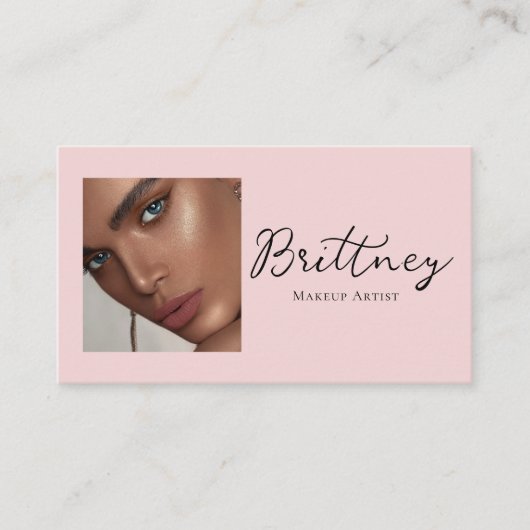 Blush Pink Black Script Photo Makeup Business Card 名刺 (正面)
