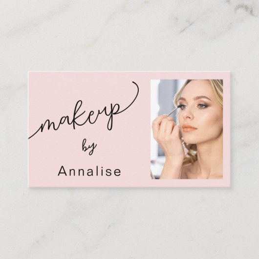Blush Pink Black Script Photo Makeup Business Card 名刺 (正面)