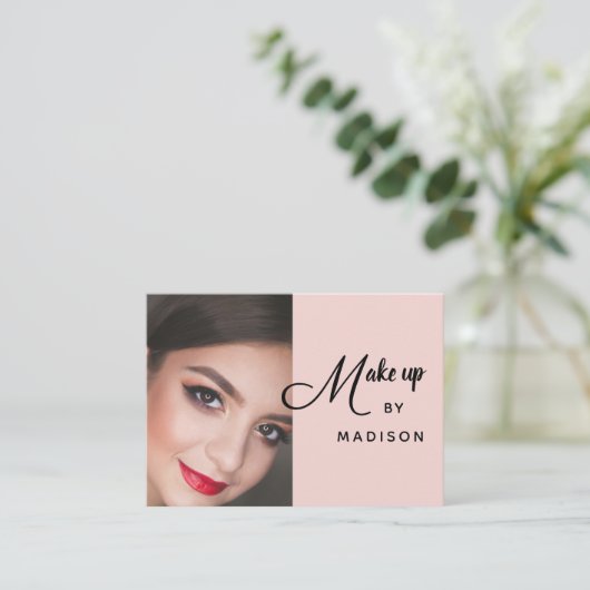 Blush Pink Black Script Photo Makeup Business Card 名刺 (スタンド正面)