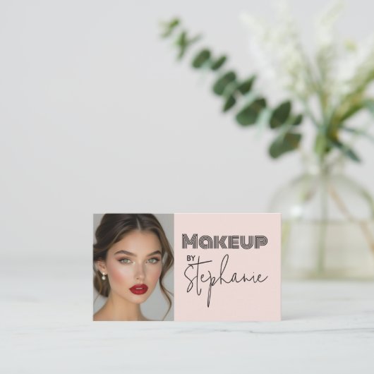 Blush Pink Black Script Photo Makeup Business Card 名刺 (スタンド正面)