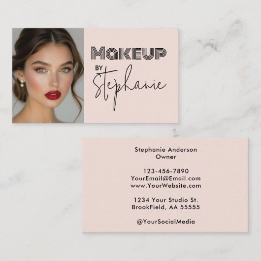 Blush Pink Black Script Photo Makeup Business Card 名刺 (正面/裏面)