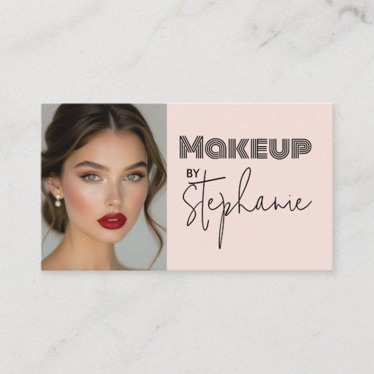 Blush Pink Black Script Photo Makeup Business Card 名刺 (正面)
